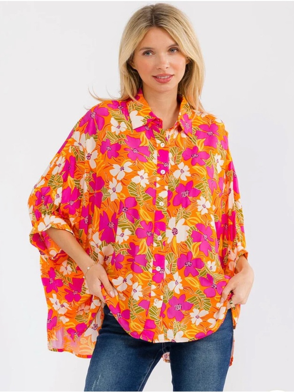 entro Oversized Floral Button-Up Blouse 100% Rayon S/M or M/L